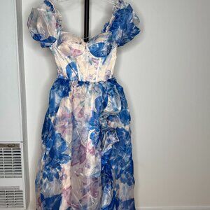 NEW FAERIESTY WATERCOLOR-LIKE BUSTIER SATIN & CHIFFON DRESS, XS